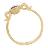 Side view of 18k yellow gold ring with a shape inspired  by the greek hydria and central rectangle shaped rose sapphire.         