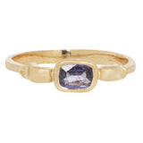 Front view of 18k yellow gold ring with a shape inspired  by the greek hydria and central sapphire.                                                                        