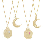 Top row is two engraved crescent moon pendants, bottom row is two night sky pendants, including the diamond version available here.  Each is hanging from its own chain.