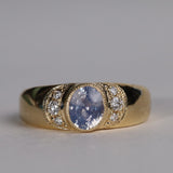 Gold, sapphire and diamond ring in front view